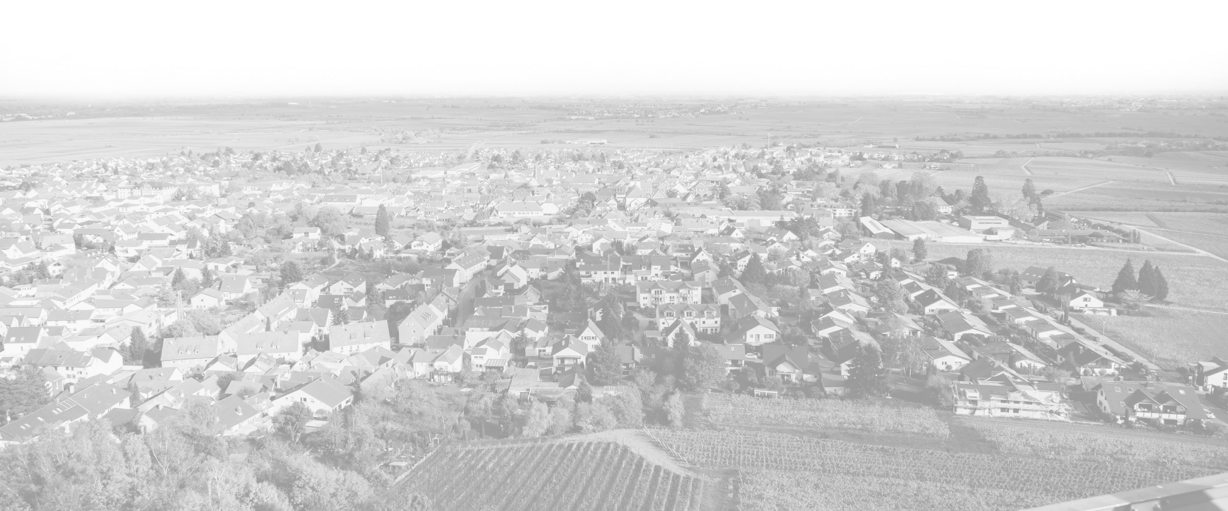 Luftaufnahme einer Kleinstadt mit Häuserreihen, Straßen und grünen Feldern, die das Wohngebiet umgeben; entfernte Bauernhöfe und eine flache Landschaft erstrecken sich unter einem teilweise bewölkten Himmel bis zum Horizont.