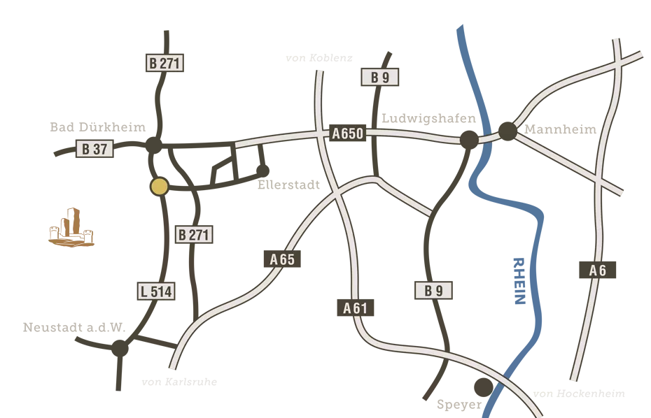 Eine stilisierte Karte mit den Straßen B 37, B 271, B 9, A 650, A 65, A 61, L 514 und A 6, mit Flüssen, Seen und einem kleinen Burgsymbol in der Nähe der Kreuzung von B 271 und L 514.