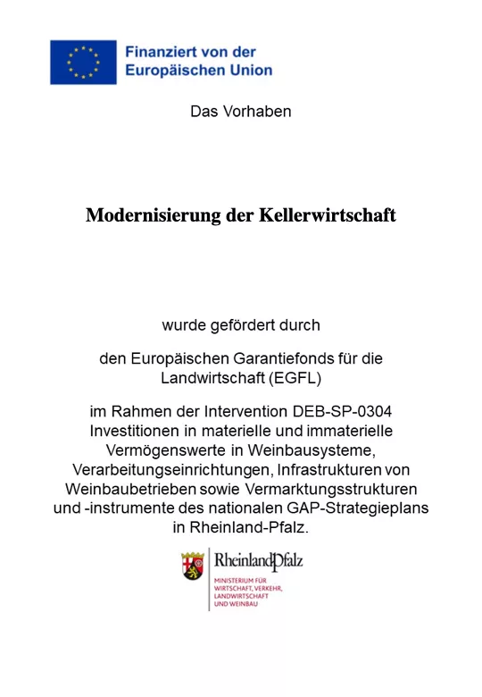 Dokument mit den Logos der EU und des Landes Rheinland-Pfalz mit dem Titel "Modernisierung der Kellerwirtschaft", in dem die Förderung der Modernisierung von Kellereianlagen in Rheinland-Pfalz durch den Europäischen Garantiefonds für die Landwirtschaft beschrieben wird.
